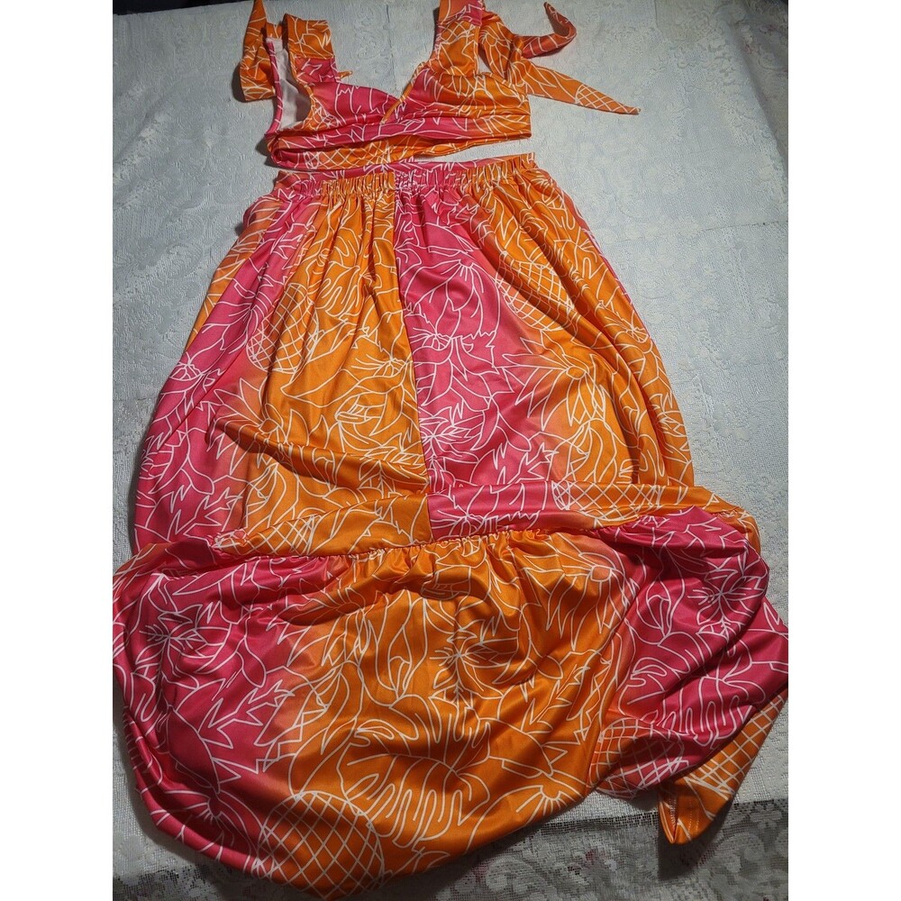 SHEIN Tropical Beach Halter Maxi Dress Pink Orange Small #103 - Picture 7 of 10